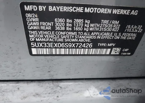 2025 BMW X6 xDrive40I z USA, uszkodzony, nr VIN 5UX33EX06S9X72426